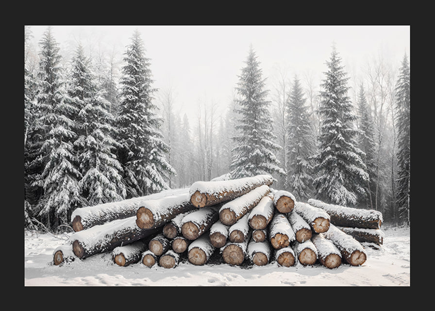 Snötäckta timmerstockar ligger staplade i en fridfull vinterskog omgiven av frostiga granar.-12