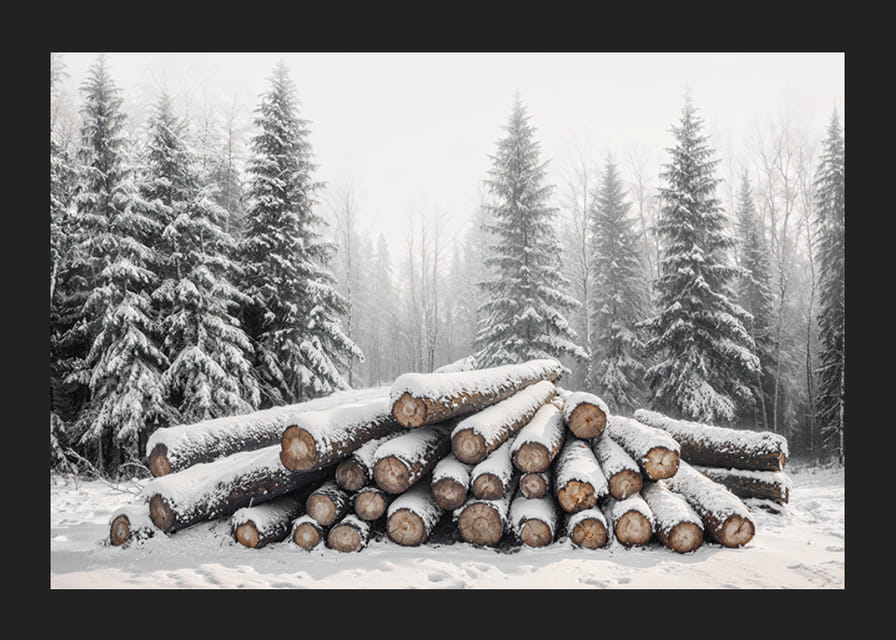 Snötäckta timmerstockar ligger staplade i en fridfull vinterskog omgiven av frostiga granar.-12