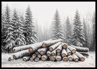 Snötäckta timmerstockar ligger staplade i en fridfull vinterskog omgiven av frostiga granar.-6