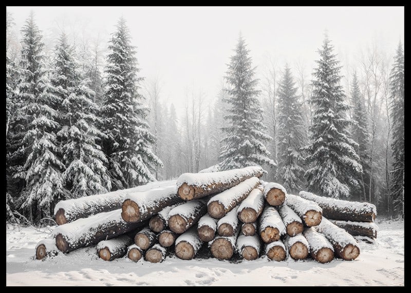 Snötäckta timmerstockar ligger staplade i en fridfull vinterskog omgiven av frostiga granar.-12