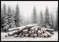 Buștenii acoperiți de zăpadă sunt stivuiți într-o pădure de iarnă liniștită, înconjurată de brazi înghețați.-2