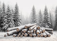 Snötäckta timmerstockar ligger staplade i en fridfull vinterskog omgiven av frostiga granar.-7