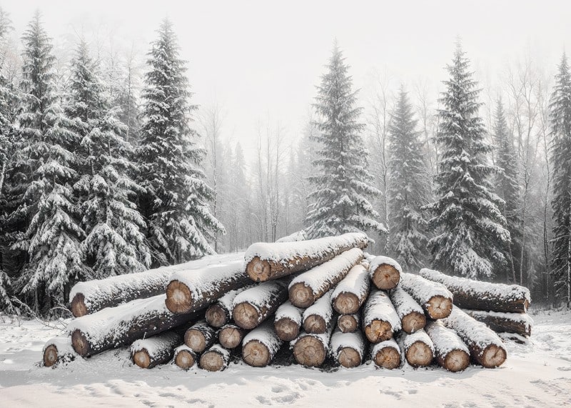 Snötäckta timmerstockar ligger staplade i en fridfull vinterskog omgiven av frostiga granar.-12
