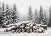 Buștenii acoperiți de zăpadă sunt stivuiți într-o pădure de iarnă liniștită, înconjurată de brazi înghețați.-3