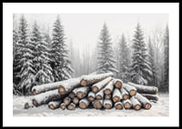 Snötäckta timmerstockar ligger staplade i en fridfull vinterskog omgiven av frostiga granar.-0
