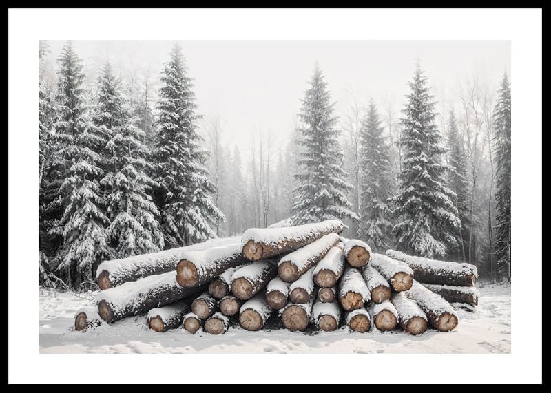 Buștenii acoperiți de zăpadă sunt stivuiți într-o pădure de iarnă liniștită, înconjurată de brazi înghețați.-12