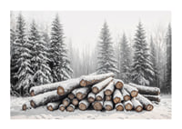 Snötäckta timmerstockar ligger staplade i en fridfull vinterskog omgiven av frostiga granar.-1