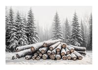 Buștenii acoperiți de zăpadă sunt stivuiți într-o pădure de iarnă liniștită, înconjurată de brazi înghețați.-1
