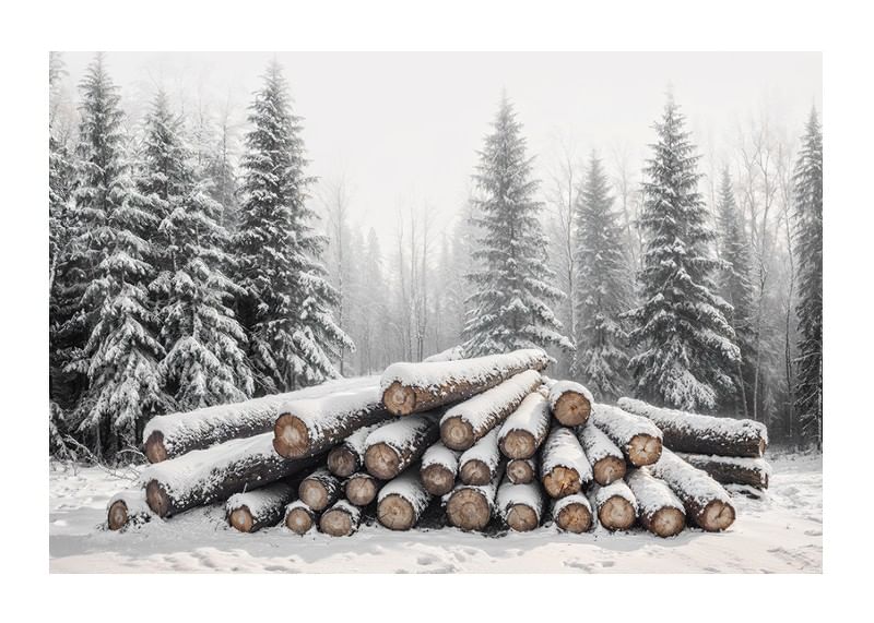 Buștenii acoperiți de zăpadă sunt stivuiți într-o pădure de iarnă liniștită, înconjurată de brazi înghețați.-12