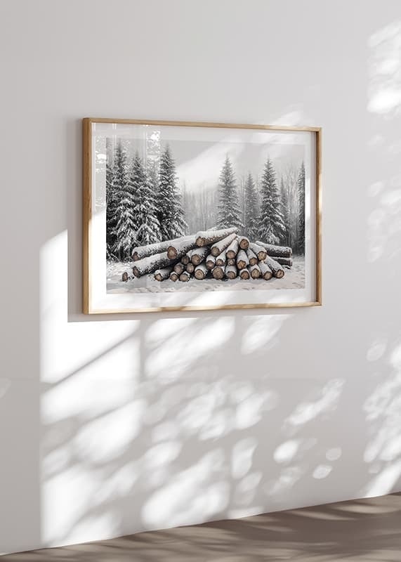 Snötäckta timmerstockar ligger staplade i en fridfull vinterskog omgiven av frostiga granar.-12