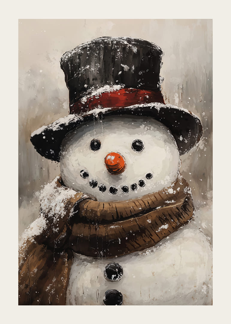 Hurmaava lumiukko korkealla hatulla ja huivilla, joka levittää talven iloa ja joulutunnelmaa.-12