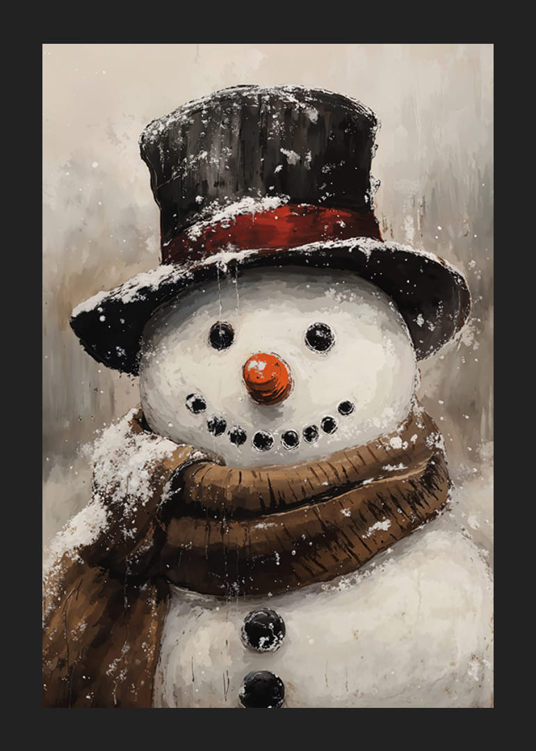 Hurmaava lumiukko korkealla hatulla ja huivilla, joka levittää talven iloa ja joulutunnelmaa.-12