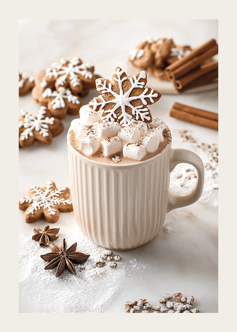 A cup of hot chocolate with marshmallows and a gingerbread-12