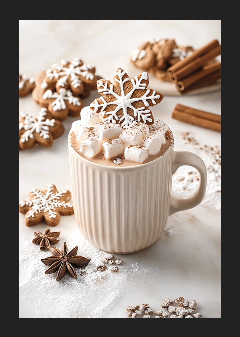 A cup of hot chocolate with marshmallows and a gingerbread-12