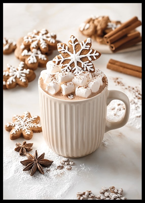 A cup of hot chocolate with marshmallows and a gingerbread-12