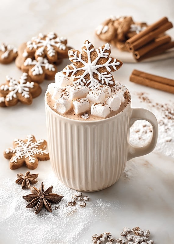 A cup of hot chocolate with marshmallows and a gingerbread-12