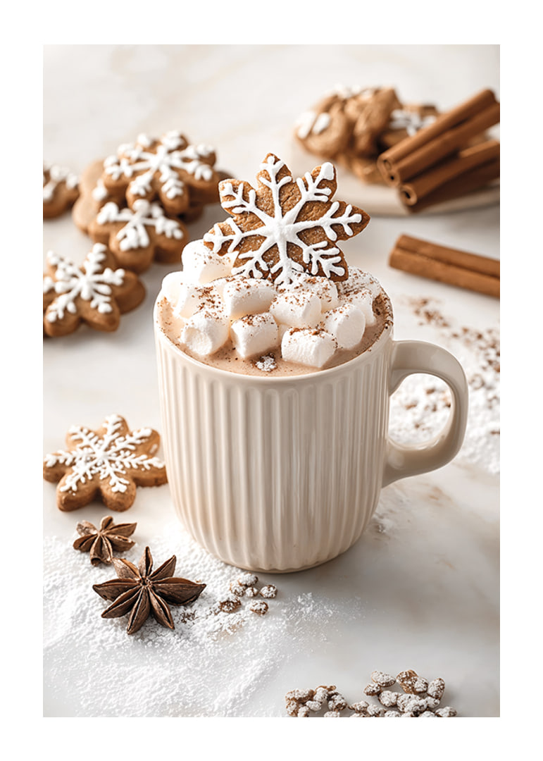 A cup of hot chocolate with marshmallows and a gingerbread-12
