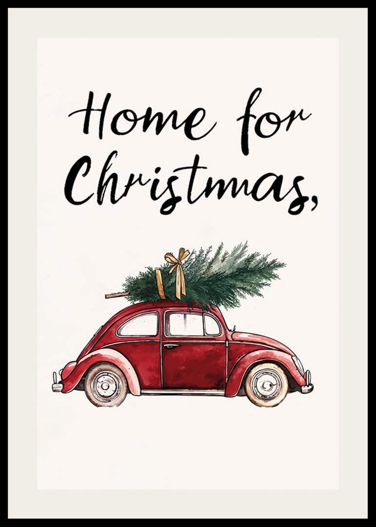En röd vintagebil med en julgran på taket och texten 