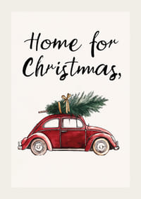 En röd vintagebil med en julgran på taket och texten 