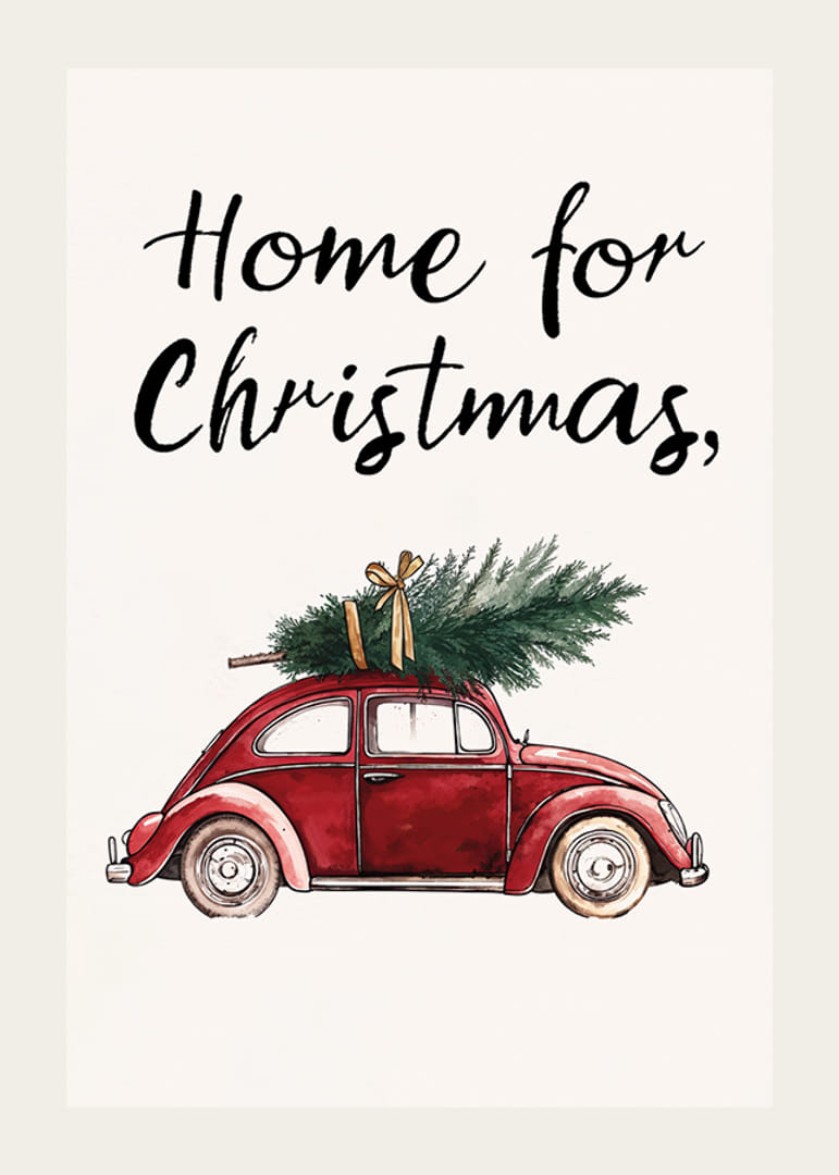 En röd vintagebil med en julgran på taket och texten 