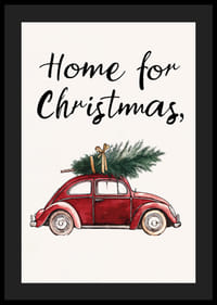 En röd vintagebil med en julgran på taket och texten 