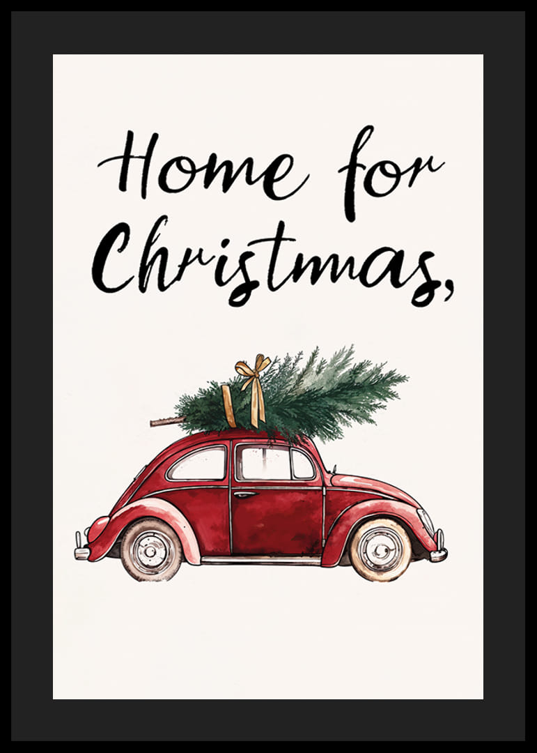 En röd vintagebil med en julgran på taket och texten 