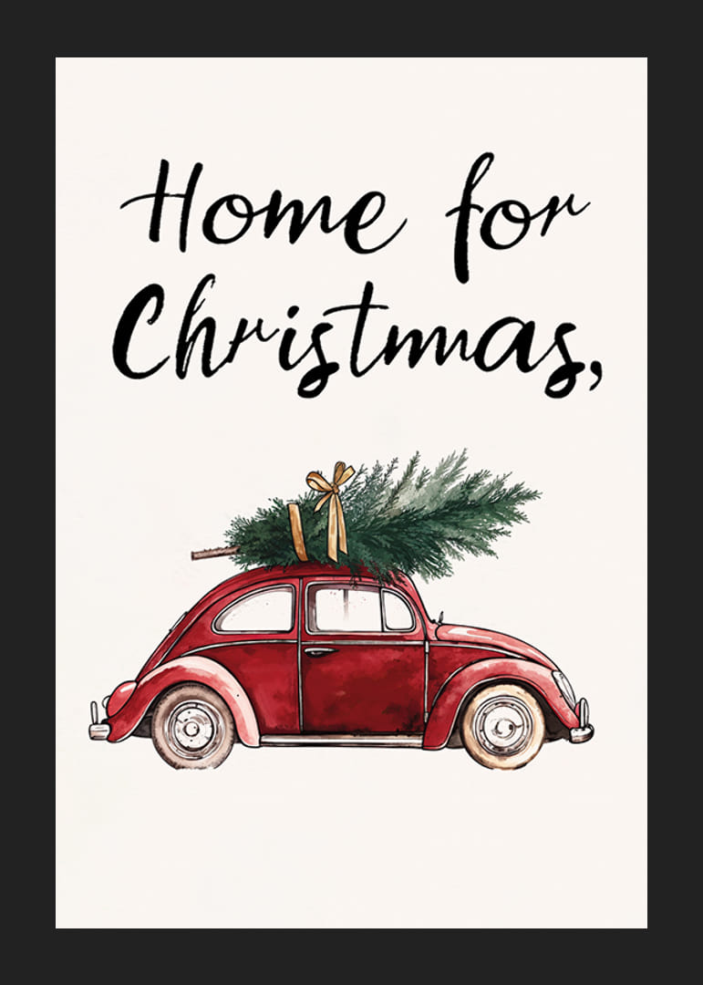 En röd vintagebil med en julgran på taket och texten 