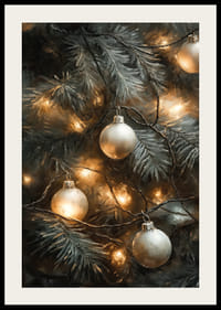 Et vakkert juletre dekorert med varme lysstrenger og frostige sølvkuler som sprer stemningsfull vintermagi.-2