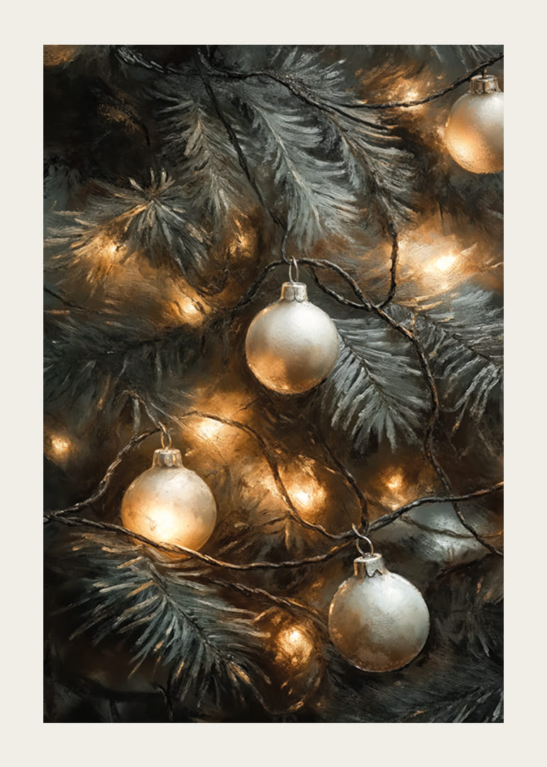Et vakkert juletre dekorert med varme lysstrenger og frostige sølvkuler som sprer stemningsfull vintermagi.-12