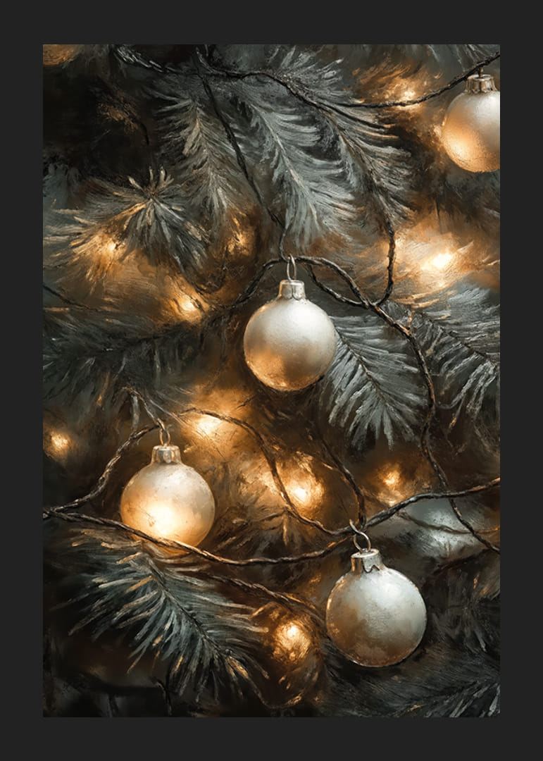 Et vakkert juletre dekorert med varme lysstrenger og frostige sølvkuler som sprer stemningsfull vintermagi.-12