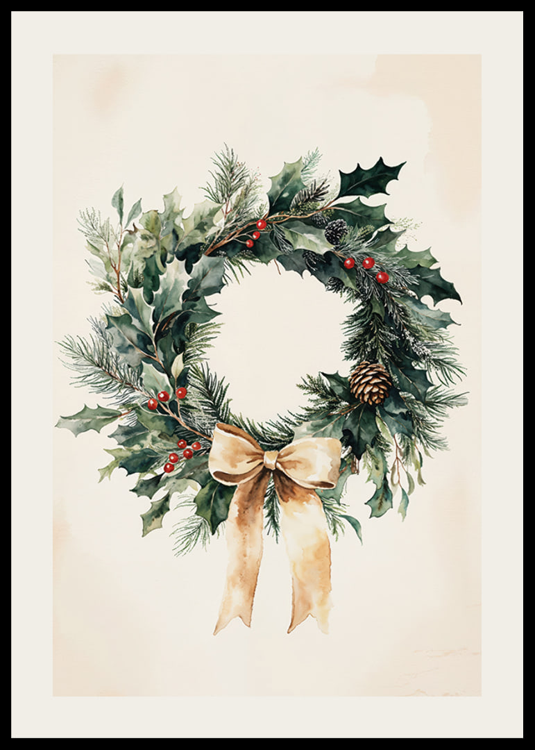 A classic Christmas wreath with green twigs, red berries and a beige bow that spreads winter feeling and elegance.-12