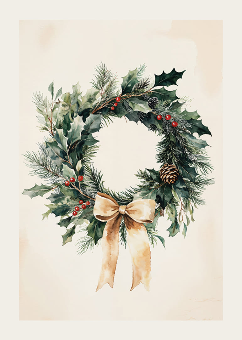 En klassisk julkrans med gröna kvistar, röda bär och en beige rosett som sprider vinterkänsla och elegans.-12