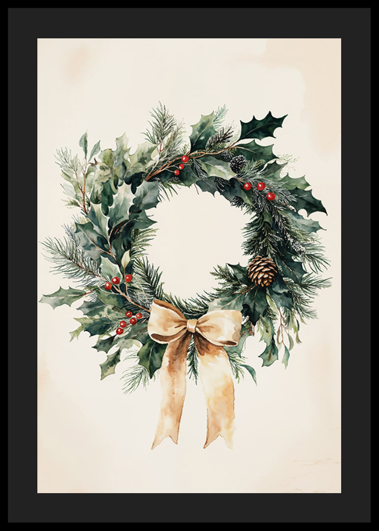 A classic Christmas wreath with green twigs, red berries and a beige bow that spreads winter feeling and elegance.-12