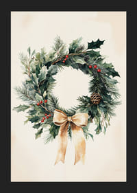 En klassisk julkrans med gröna kvistar, röda bär och en beige rosett som sprider vinterkänsla och elegans.-5