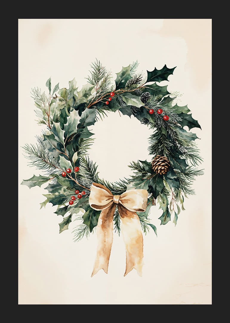 En klassisk julkrans med gröna kvistar, röda bär och en beige rosett som sprider vinterkänsla och elegans.-12