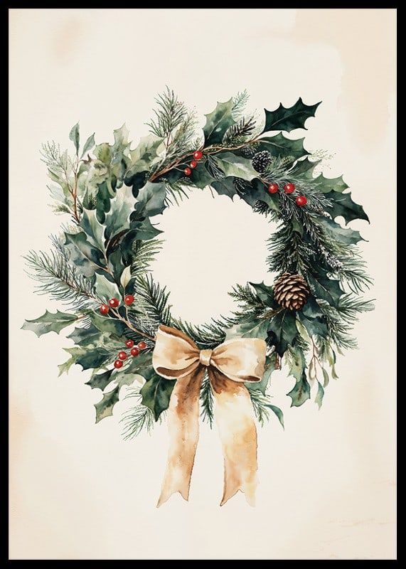 A classic Christmas wreath with green twigs, red berries and a beige bow that spreads winter feeling and elegance.-12