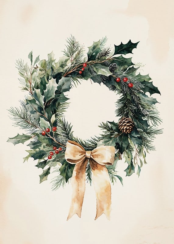 A classic Christmas wreath with green twigs, red berries and a beige bow that spreads winter feeling and elegance.-12