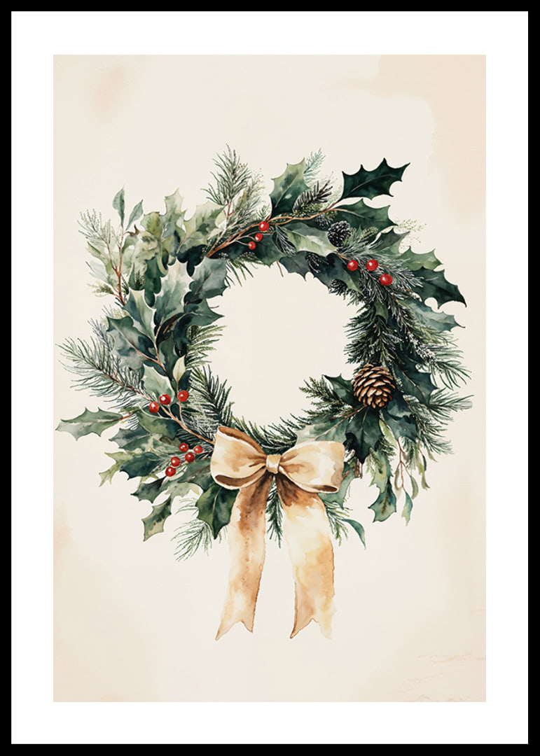 A classic Christmas wreath with green twigs, red berries and a beige bow that spreads winter feeling and elegance.-12