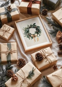 A classic Christmas wreath with green twigs, red berries and a beige bow that spreads winter feeling and elegance.-8