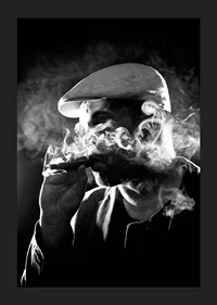 Black and white poster with a photograph of a man in shadows and smoke-1