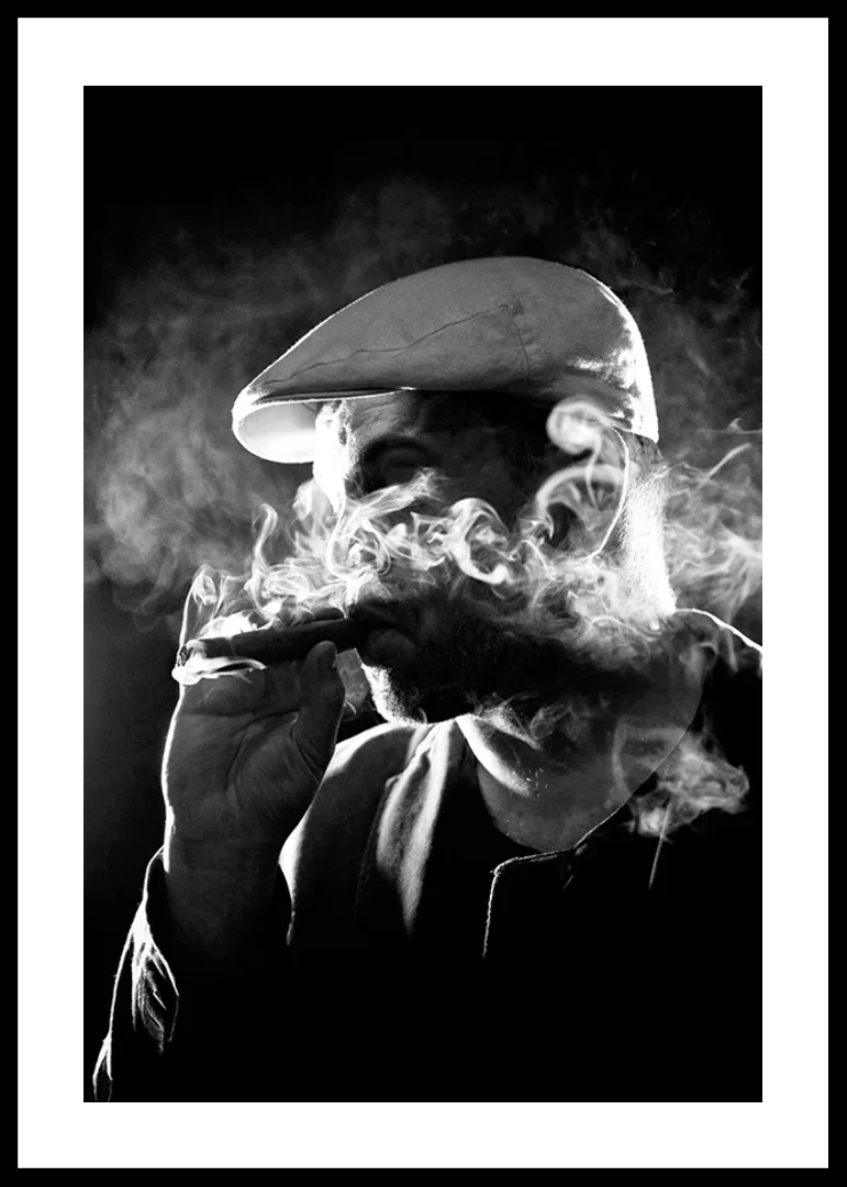Black and white poster with a photograph of a man in shadows and smoke-12