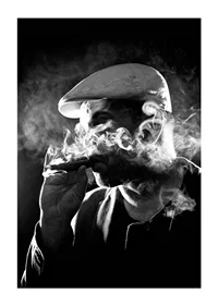 Black and white poster with a photograph of a man in shadows and smoke-3