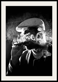 Black and white poster with a photograph of a man in shadows and smoke-4