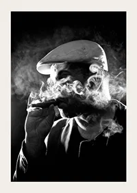 Black and white poster with a photograph of a man in shadows and smoke-5
