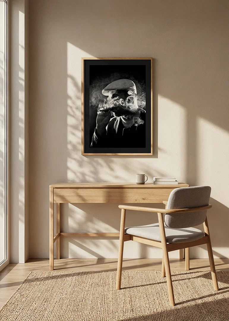 Black and white poster with a photograph of a man in shadows and smoke-12