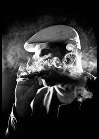 Black and white poster with a photograph of a man in shadows and smoke-6