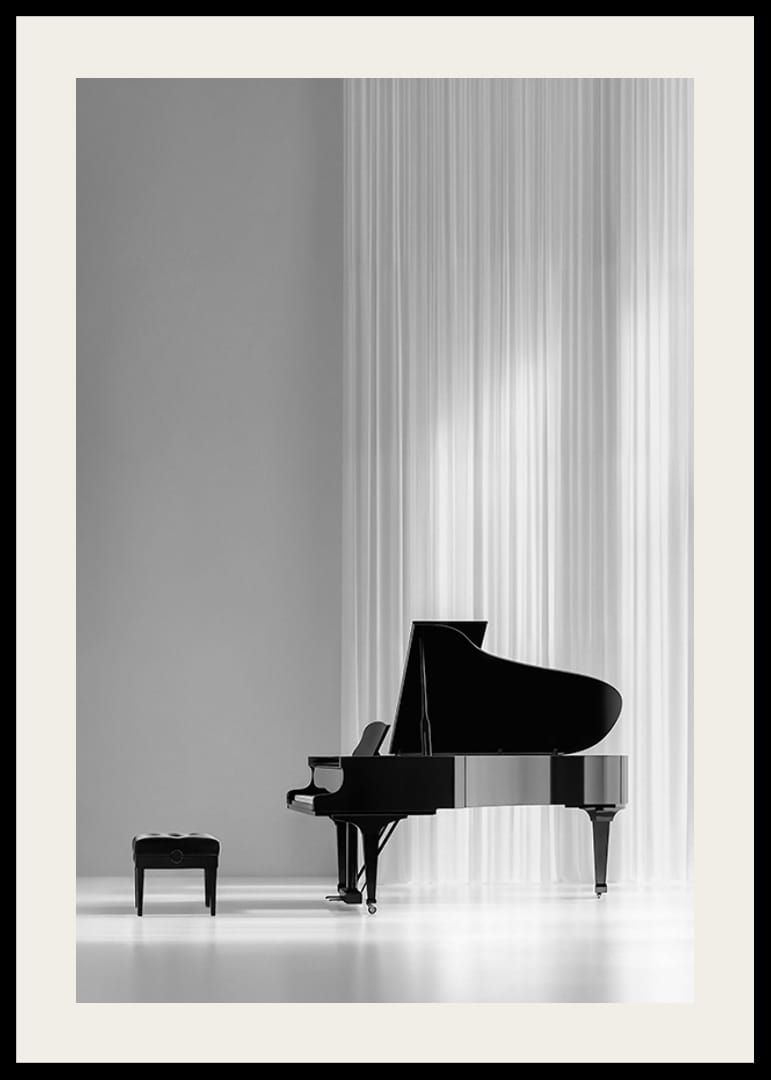 Black and white poster with a photograph of an elegant piano-12
