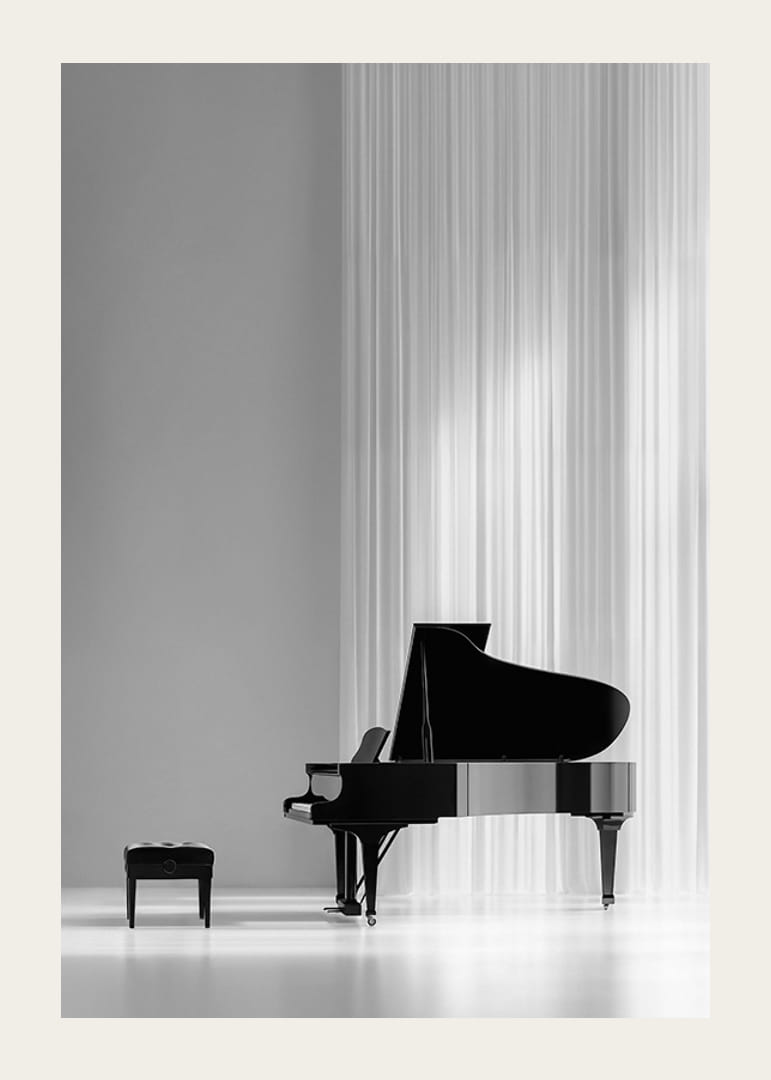 Black and white poster with a photograph of an elegant piano-12