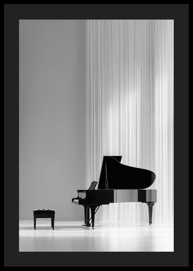 Black and white poster with a photograph of an elegant piano-12