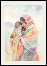 Plakat med et fargerikt akvarellmaleri av en mor med barnet sitt-2